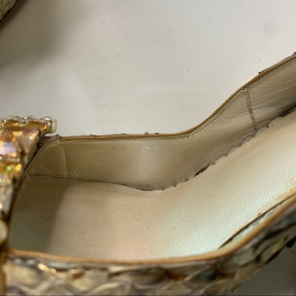Vintage Christian Dior python square toe Jeweled gold sling back stiletto - Picture 7 of 16